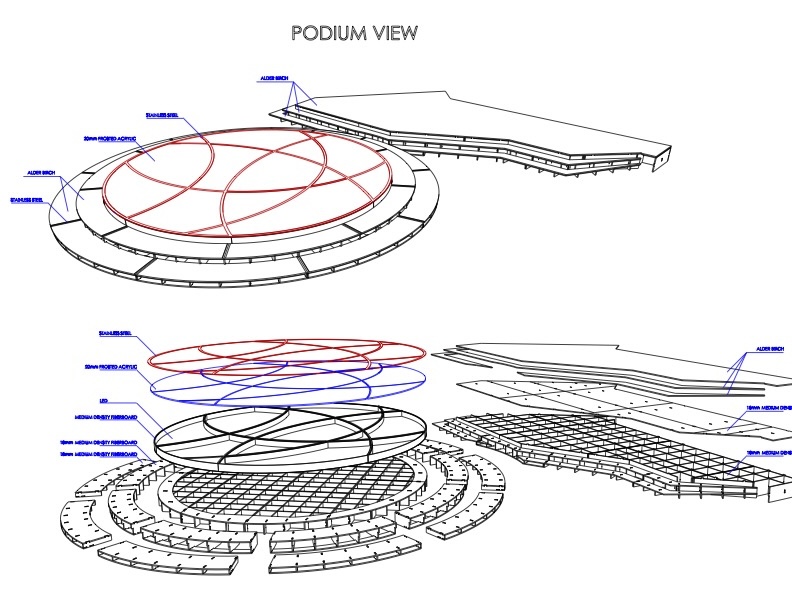 Technical drawing of a podium structure showing modular layers, curved frames, and exploded view for fabrication.