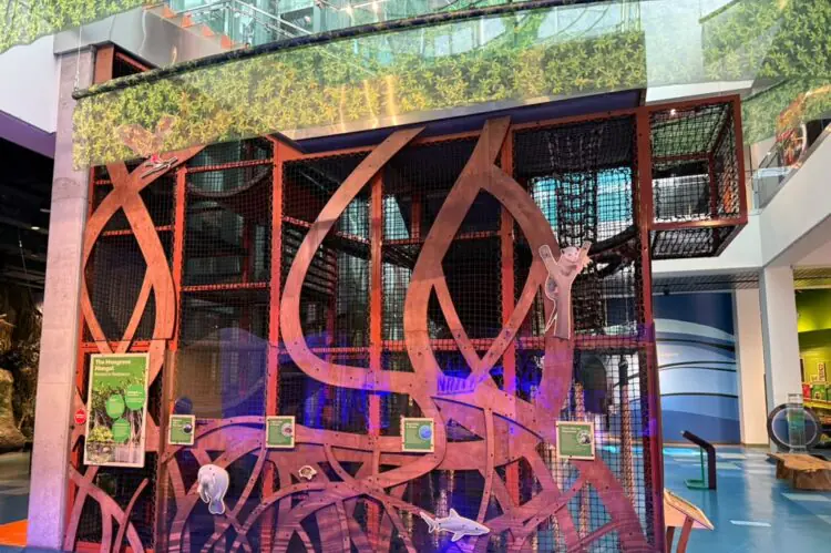 Indoor playground climbing structure: red metal framework with mesh panels, colorful lighting, and animal cutouts.